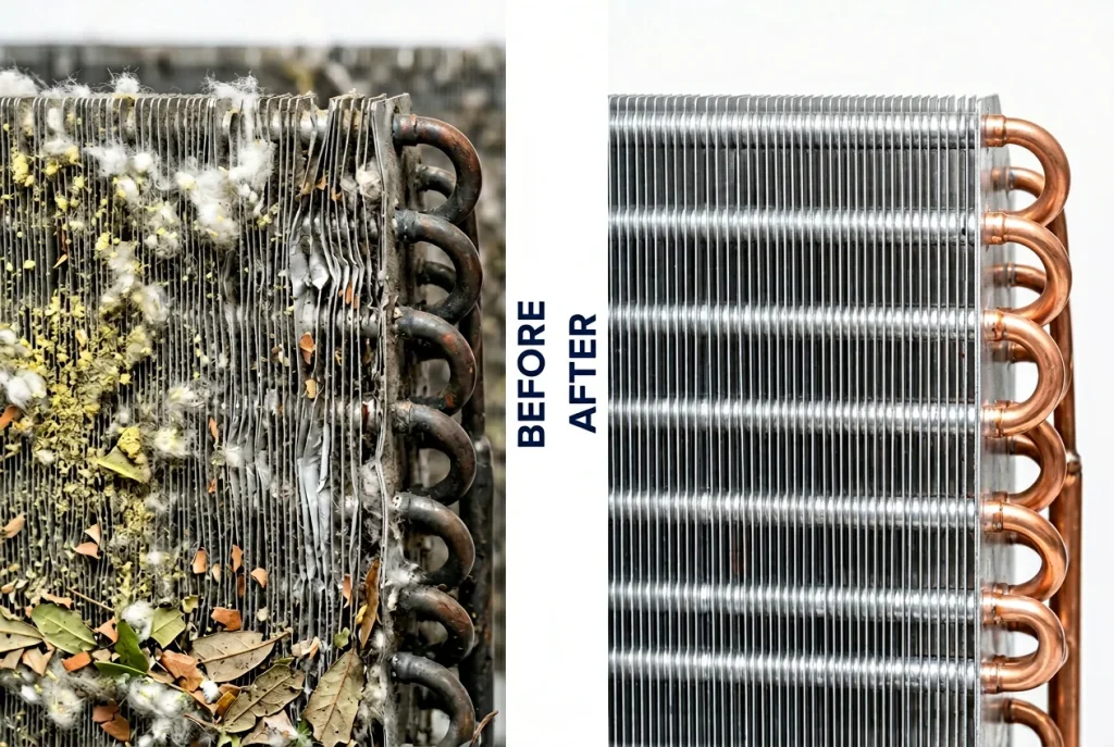 Side-by-side comparison of dirty condenser coil with cottonwood debris versus clean coil after Houston AC service