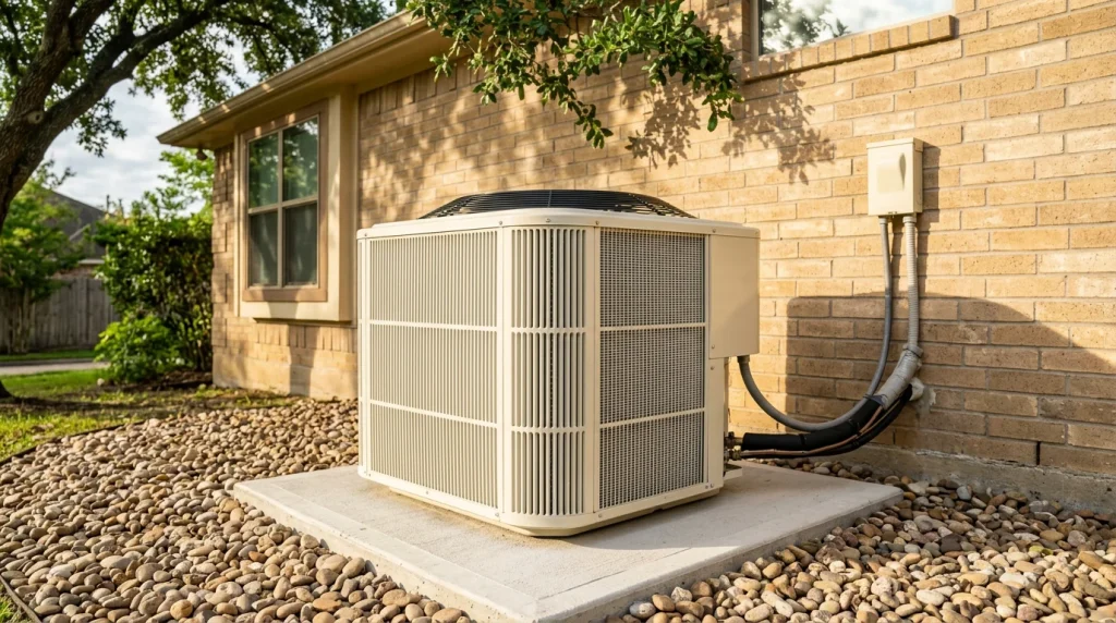 Well-maintained outdoor AC condenser unit beside a Houston home with clean coils for long AC system lifespan