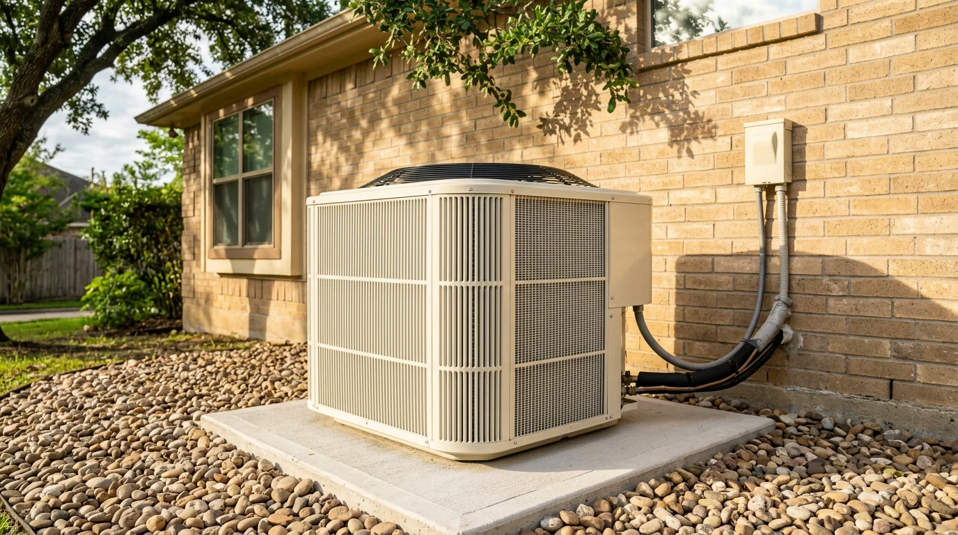 Well-maintained outdoor AC condenser unit beside a Houston home with clean coils for long AC system lifespan