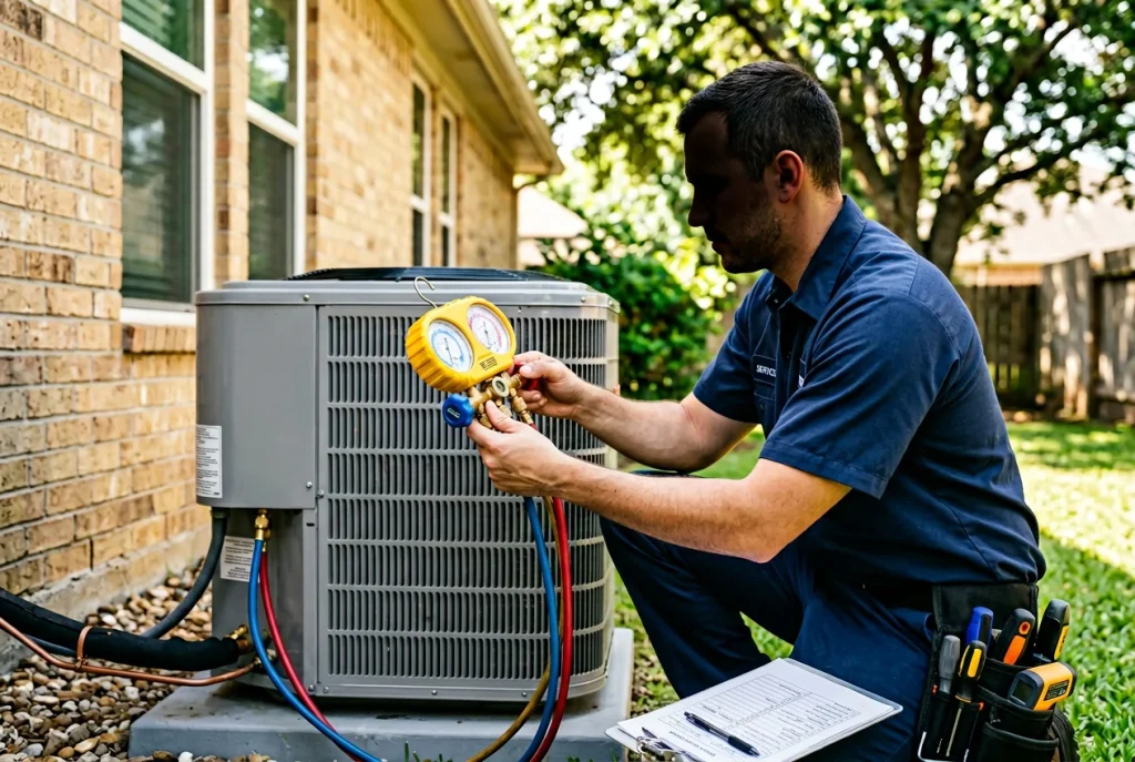 VeriChill technician checking refrigerant pressures on Houston residential AC condenser for peak performance