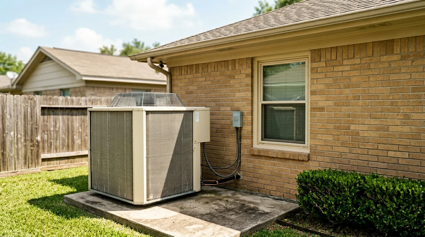 Oversized outdoor AC condenser beside a modestly sized Houston home showing disproportionate sizing problem