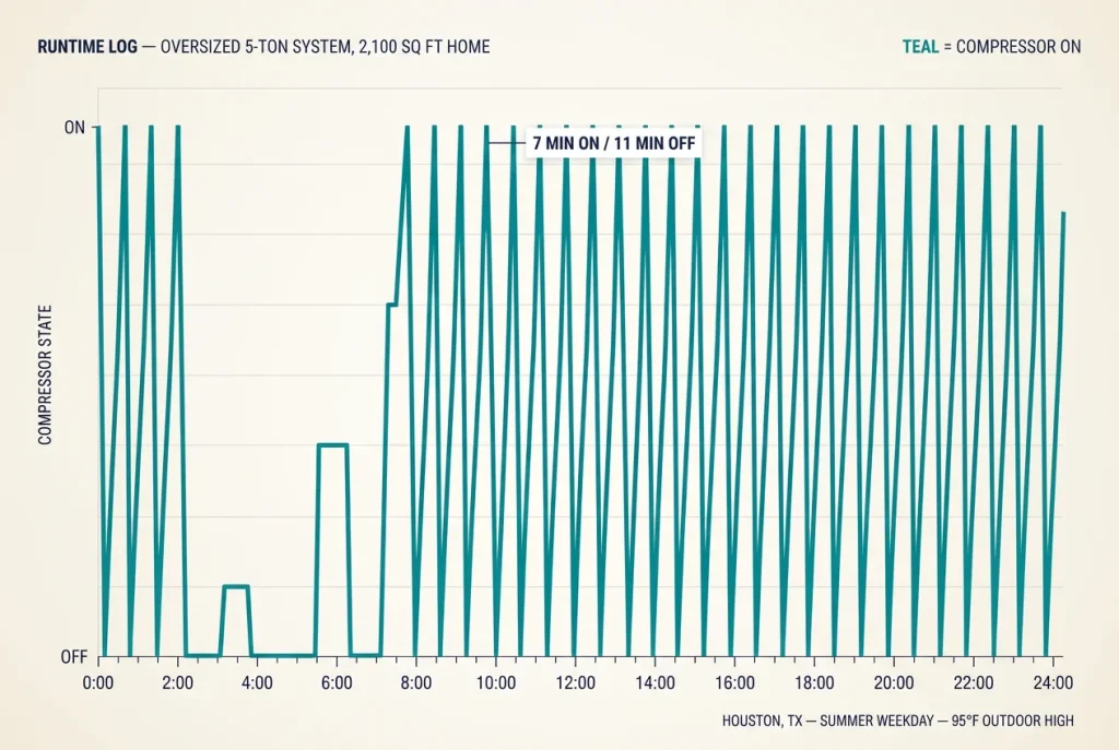 Data chart showing oversized AC system short cycling with repeated 7-minute on-off runtime cycles in Houston home