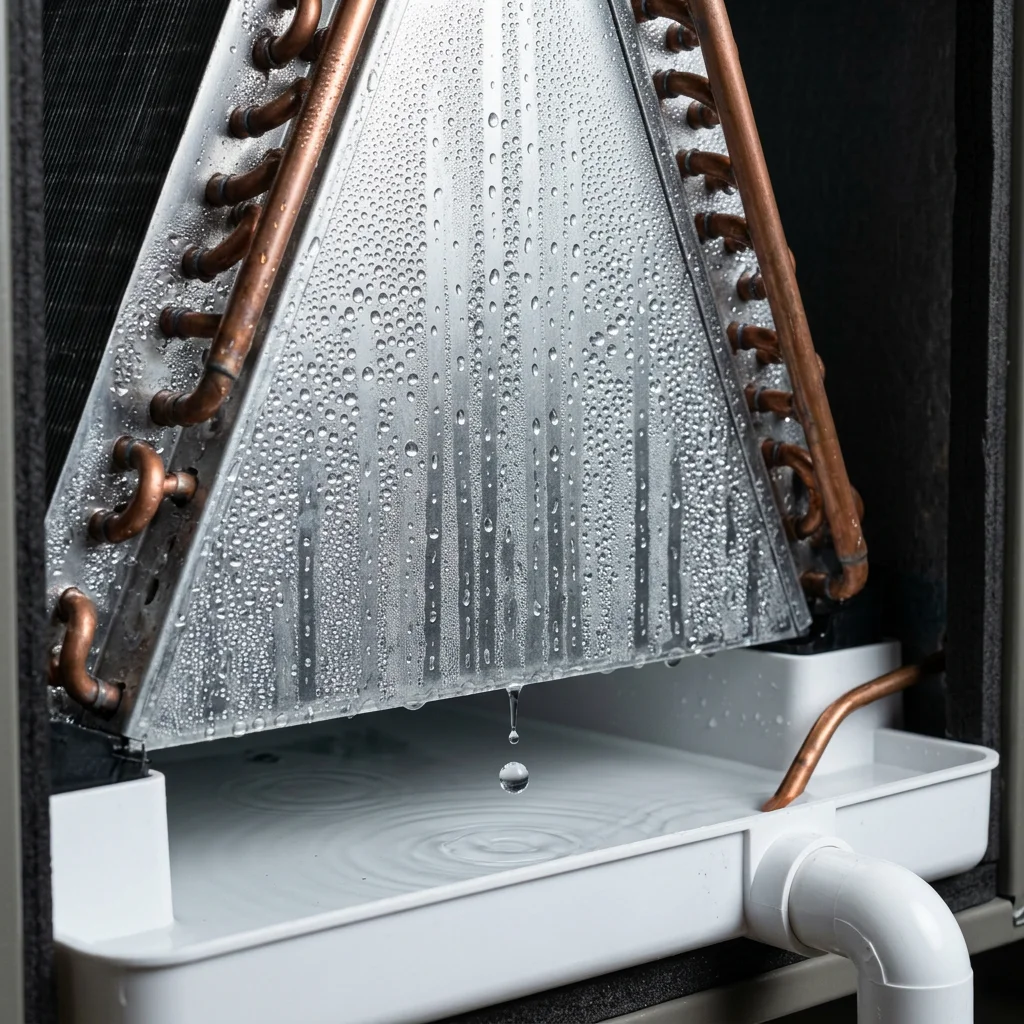 Condensation dripping from HVAC evaporator coil into drain pan showing AC moisture removal limits in Houston