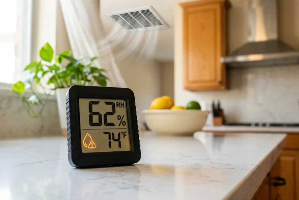 Digital hygrometer reading 62 percent humidity on Houston home kitchen counter with AC vent running