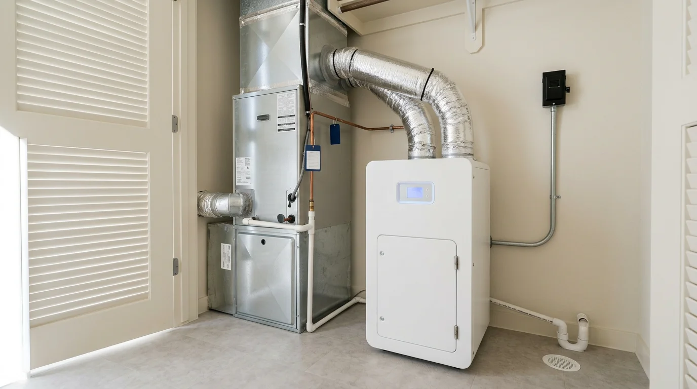 Whole home dehumidifier installed beside air handler in Houston utility closet with professional ductwork