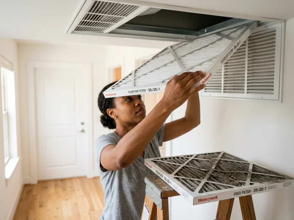 Homeowner replacing a dirty HVAC air filter as part of spring AC maintenance in Houston