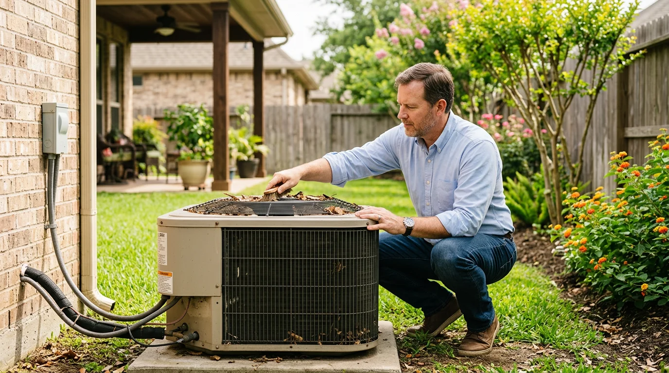Houston homeowner checking outdoor AC condenser unit in spring to prepare for summer cooling season