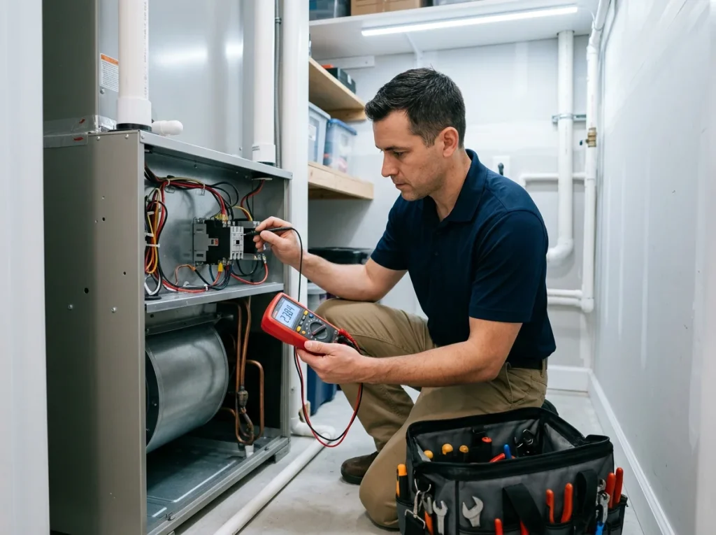 HVAC technician performing a professional spring AC inspection on a Houston home system