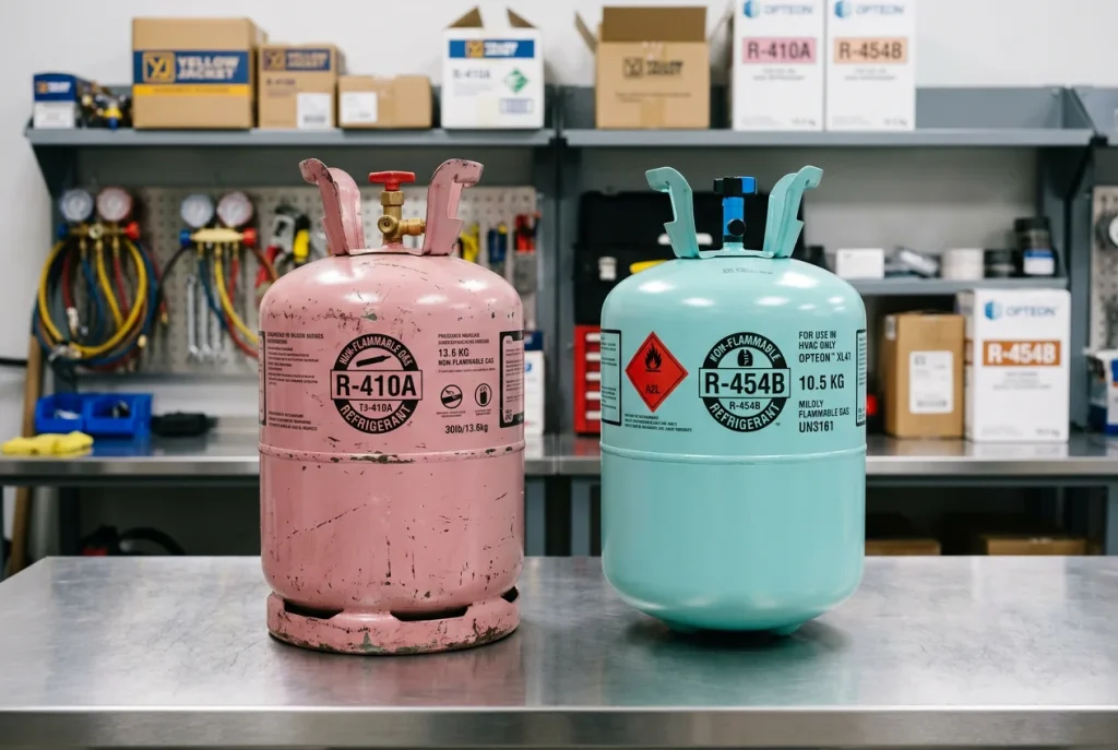 Side-by-side comparison of R-410A and R-454B refrigerant cylinders showing the 2026 AC refrigerant transition