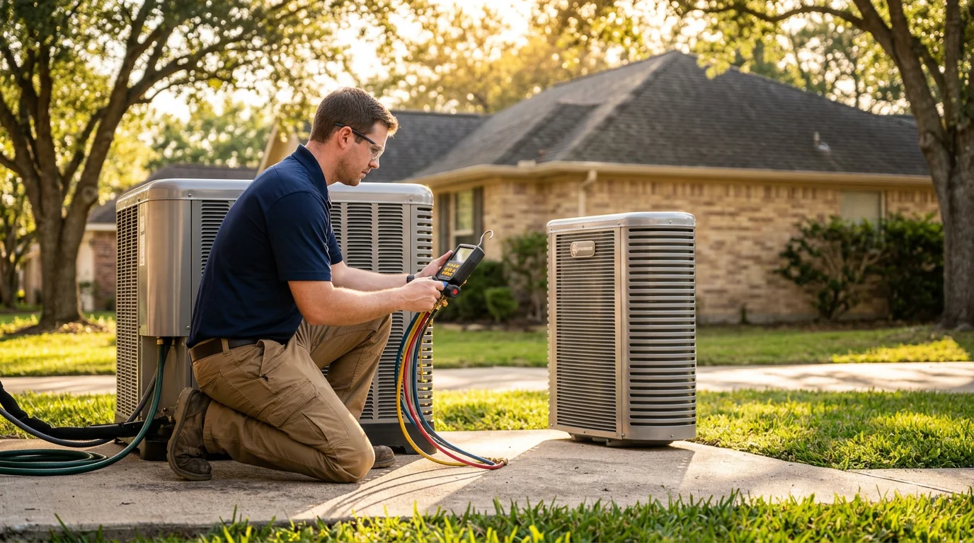 Houston HVAC technician inspecting new R-454B refrigerant AC system components during residential installation