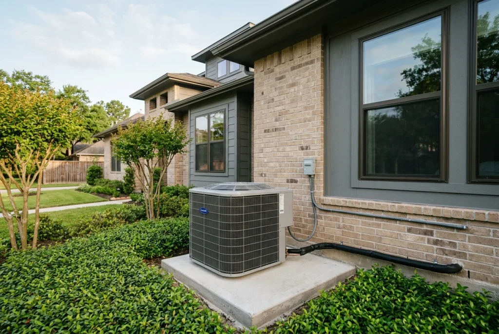 New energy-efficient AC condenser unit installed at a Houston home ready for the 2026 cooling season