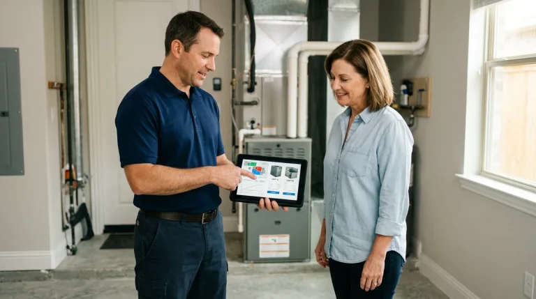 HVAC technician consulting with Houston homeowner about heating system options during off-season spring visit