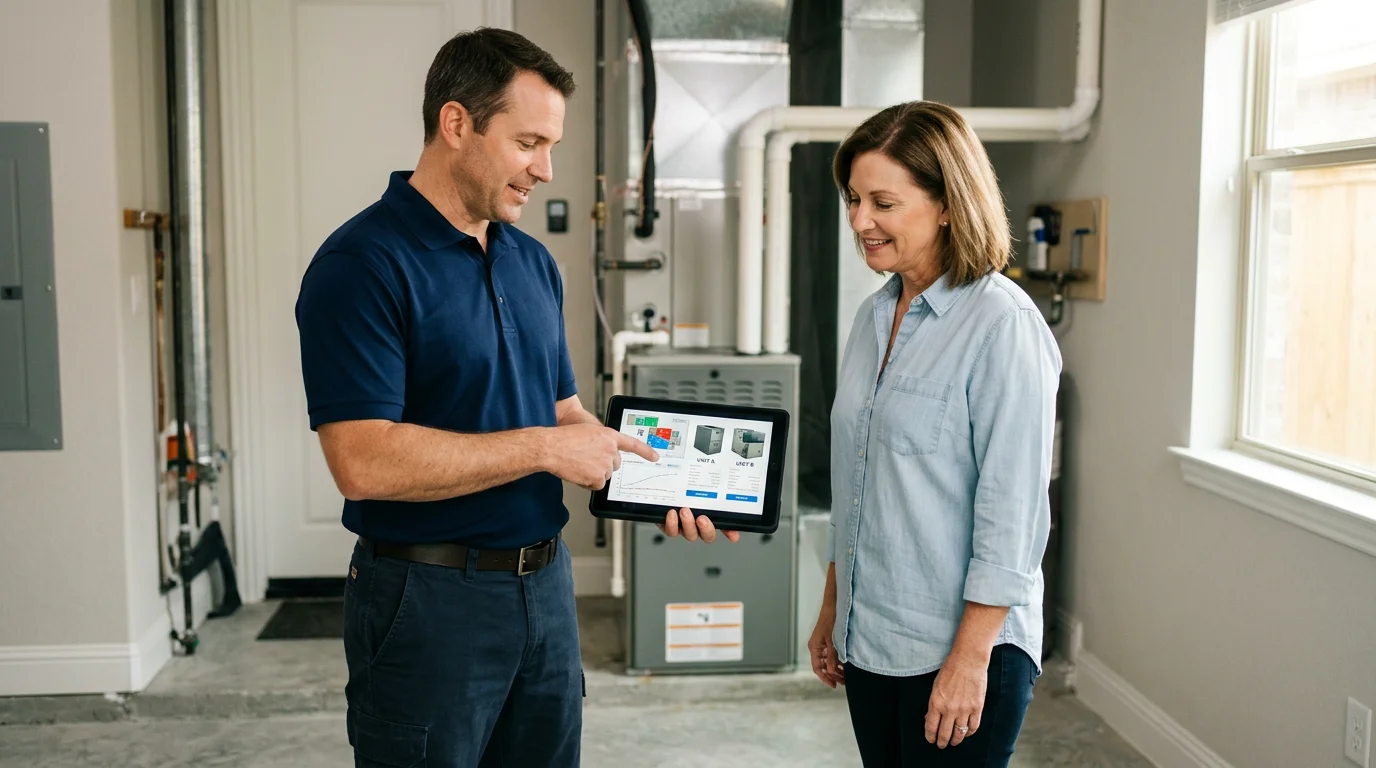 HVAC technician consulting with Houston homeowner about heating system options during off-season spring visit