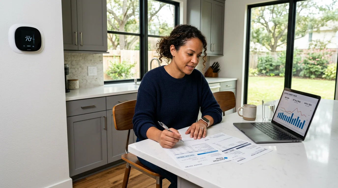 Houston homeowner reviewing winter energy bills while sitting near their home thermostat showing heating mode
