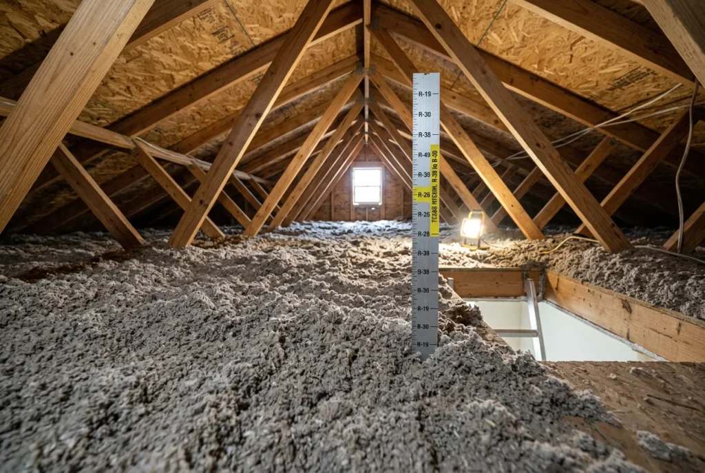 Attic insulation inspection in a Houston home showing insulation levels that affect heating energy efficiency