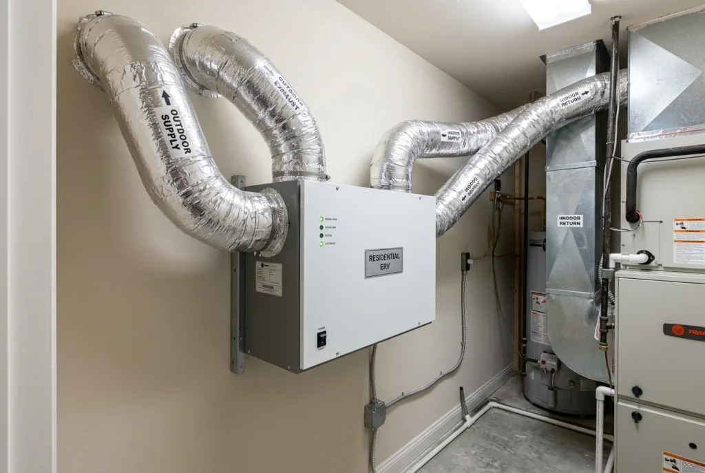 Energy recovery ventilator unit installed in a Houston home for controlled fresh air ventilation with humidity management
