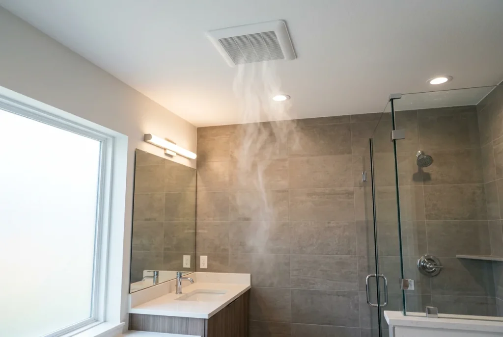 Bathroom exhaust fan operating in a Houston home to remove moisture and improve indoor ventilation