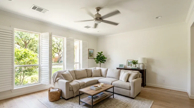 Houston home interior showing proper air circulation with visible supply vents and ceiling fan in a well-ventilated living space