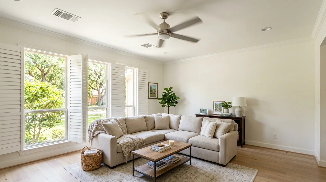 Houston home interior showing proper air circulation with visible supply vents and ceiling fan in a well-ventilated living space