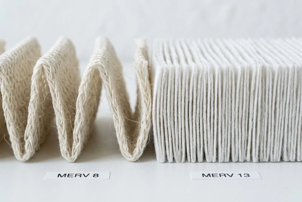 Close-up comparison of MERV 8 and MERV 13 filter media showing density difference in pleated HVAC filters