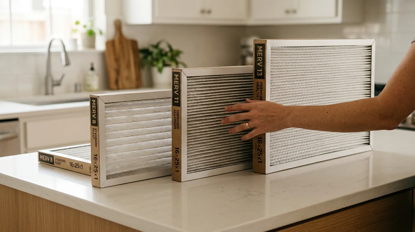 Assortment of HVAC air filters with different MERV ratings displayed for Houston homeowner selection