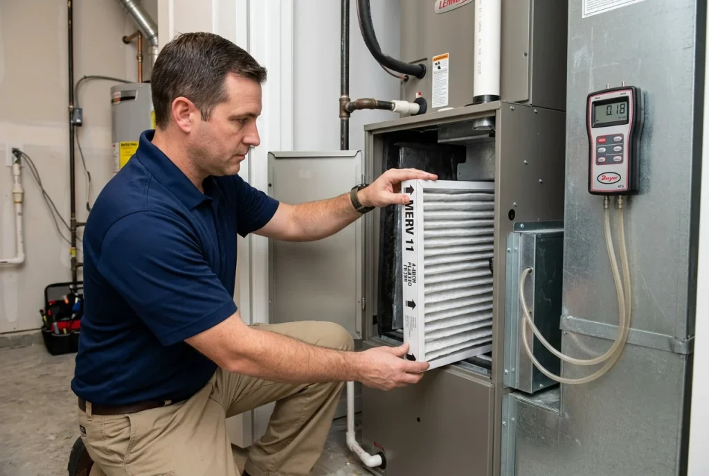 HVAC technician checking air filter fit and static pressure in a Houston home air handler