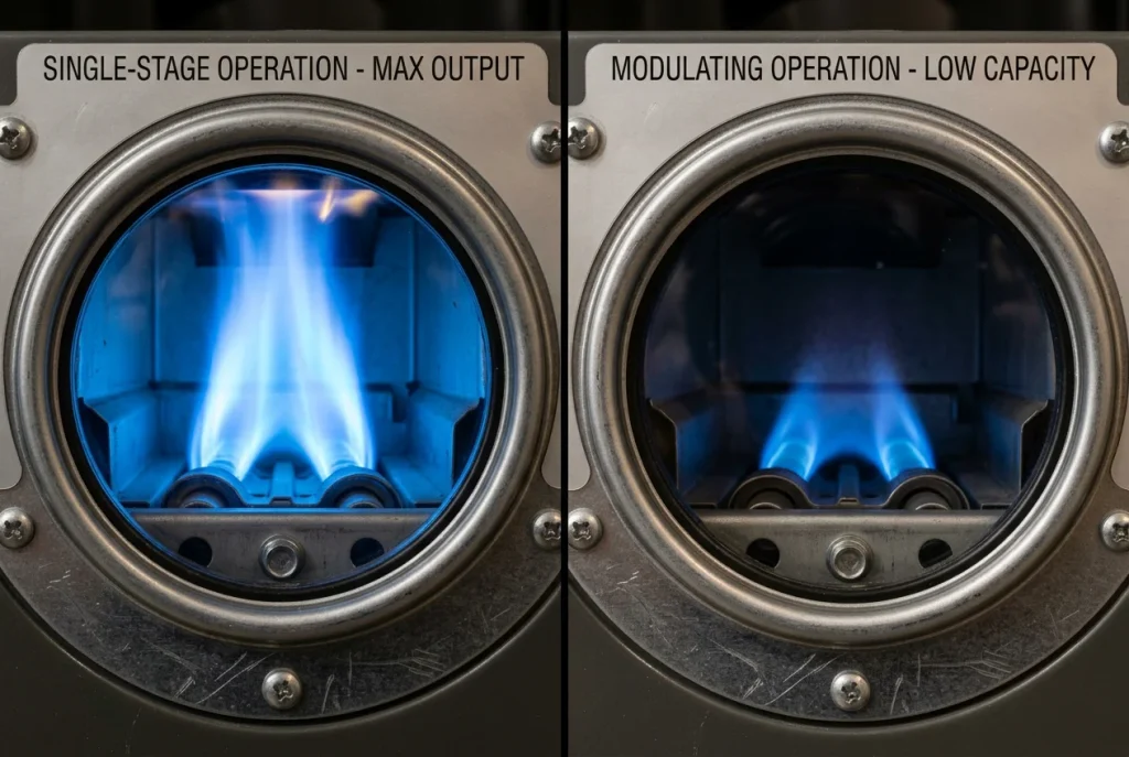 Side-by-side comparison of single-stage and modulating furnace flame patterns showing output difference