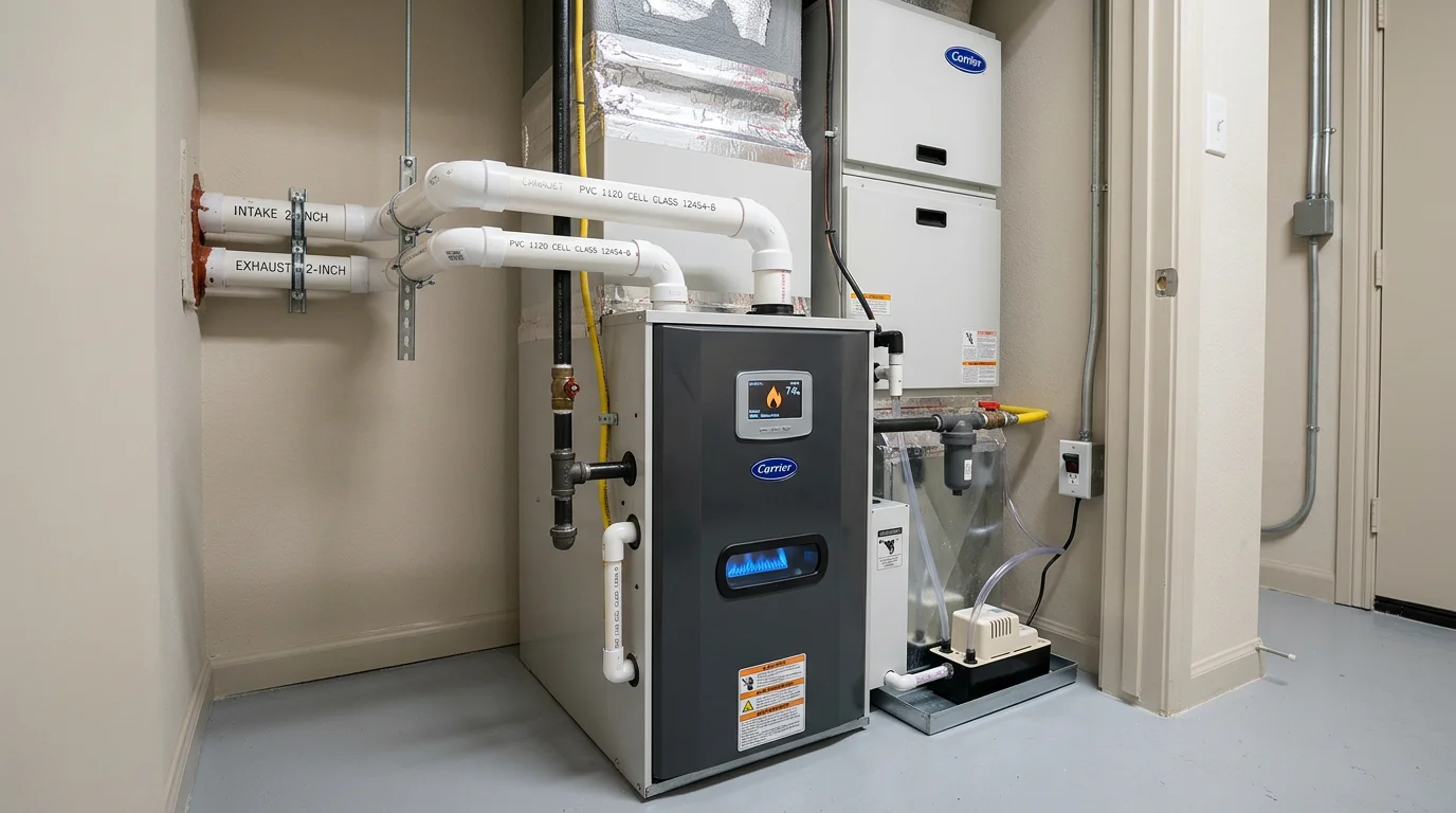 Modern modulating gas furnace installed in a Houston home utility closet showing variable-speed technology