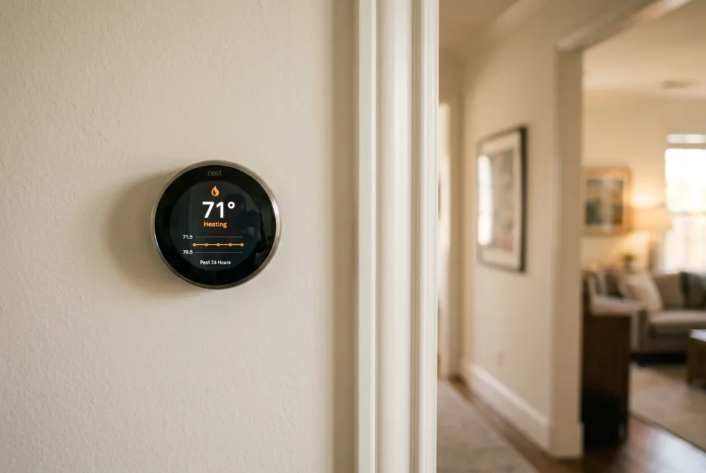 Smart thermostat showing consistent temperature maintained by a modulating furnace in a Houston home
