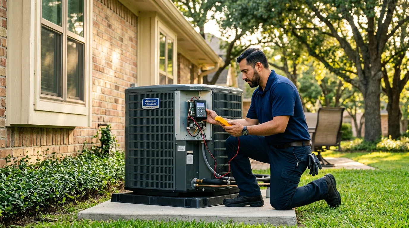 Two-stage AC condenser unit installed at a Houston home with technician checking system performance