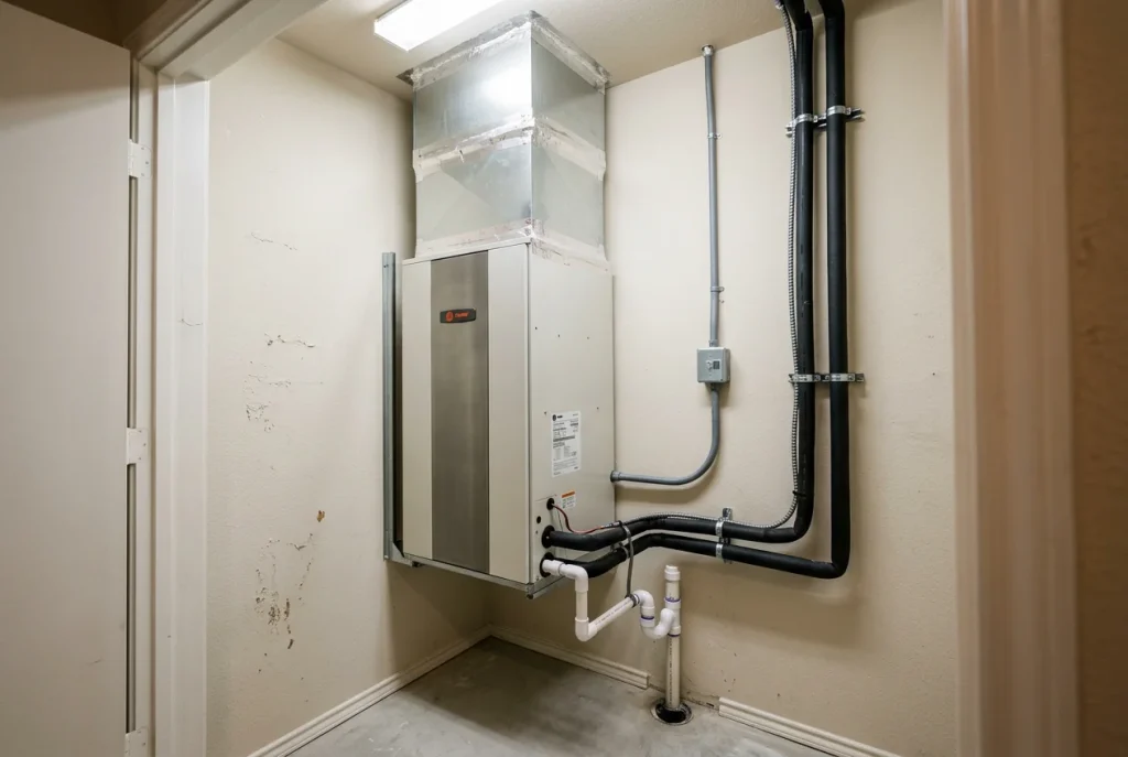 Professional HVAC installation of a matched two-stage AC system with properly sealed ductwork in a Houston home