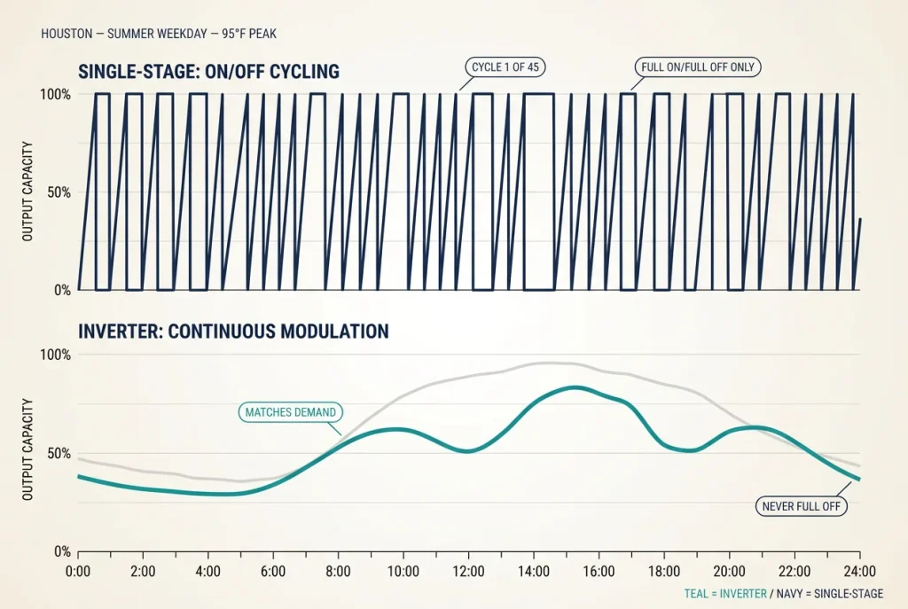 Data chart comparing single-stage AC on-off cycling versus inverter heat pump modulation over 24 hours