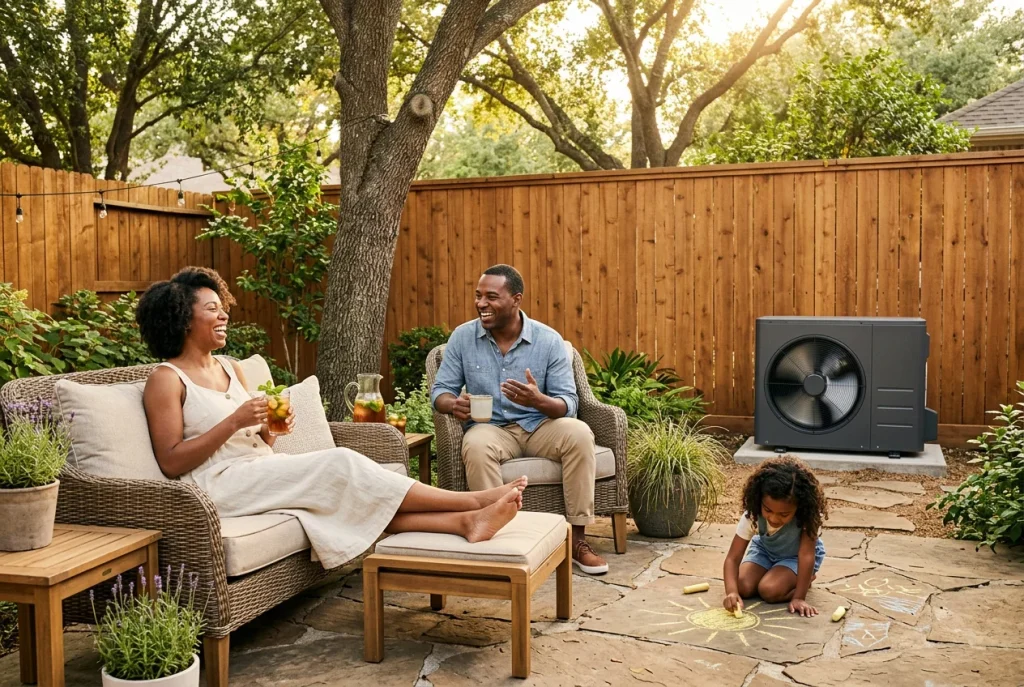Family enjoying Houston backyard patio while quiet inverter heat pump runs nearby showing low-noise operation