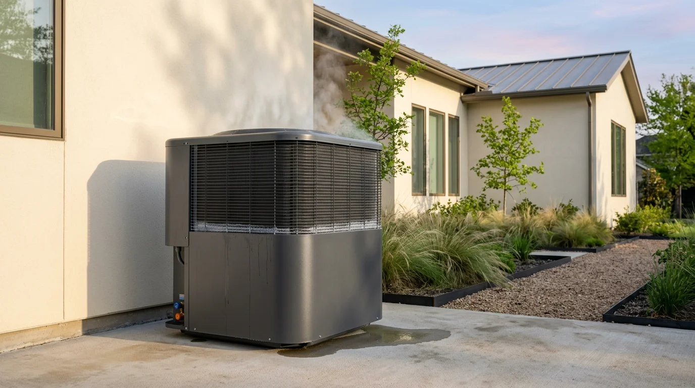 Modern inverter heat pump beside Houston home releasing vapor from coil in heating mode on cool morning