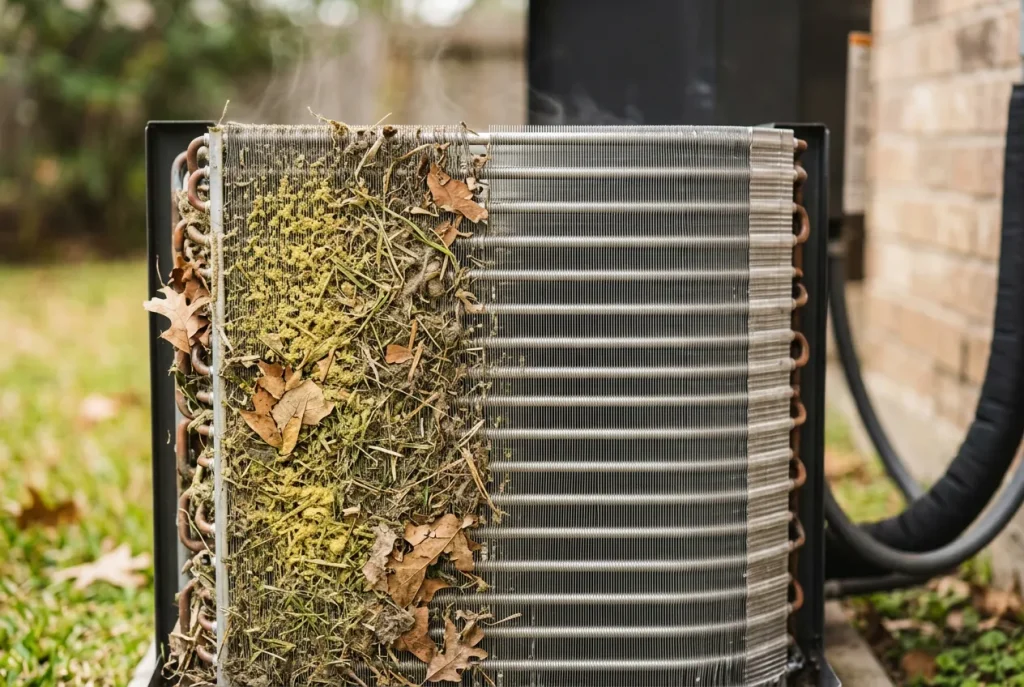 Dirty outdoor AC condenser coil clogged with pollen and debris causing compressor overheating in Houston