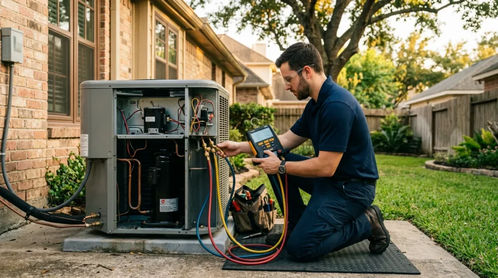 HVAC technician inspecting an outdoor AC compressor unit at a Houston home to prevent failure