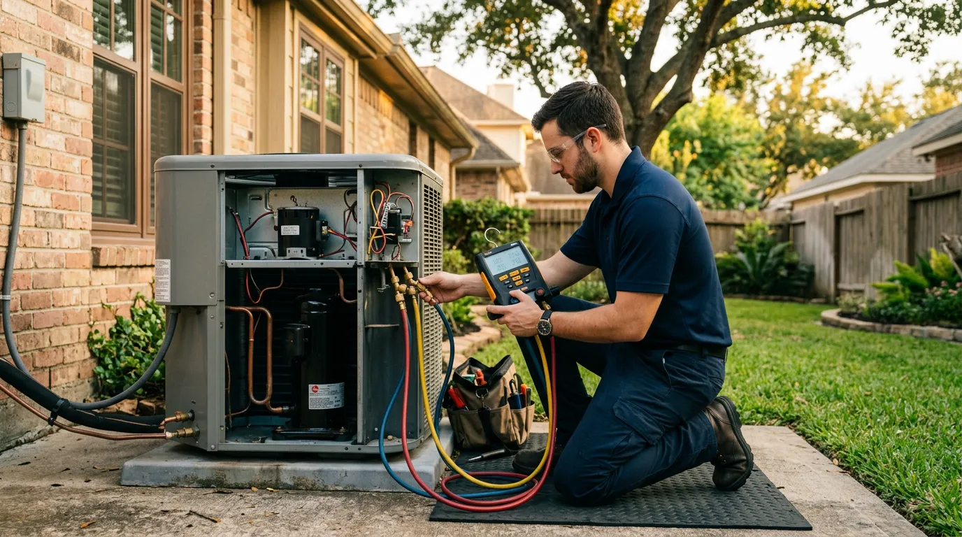 HVAC technician inspecting an outdoor AC compressor unit at a Houston home to prevent failure