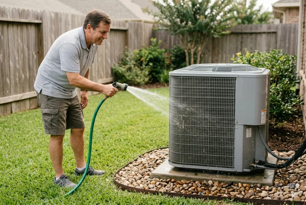 Homeowner gently rinsing a residential AC condenser coil with a garden hose to maintain performance in Houston heat