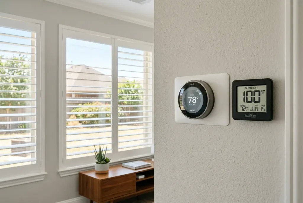 Indoor thermostat reading 78 degrees while an outdoor display shows 100 degrees during a Houston heat wave