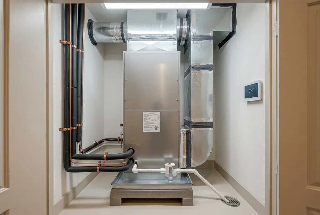 Professional installation of a matched variable-speed air handler with sealed ductwork and a communicating thermostat in a Houston home