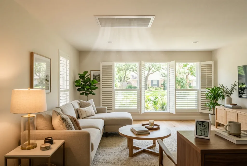 Interior Houston living room staying evenly cool and dry as a variable-speed system modulates output in high humidity