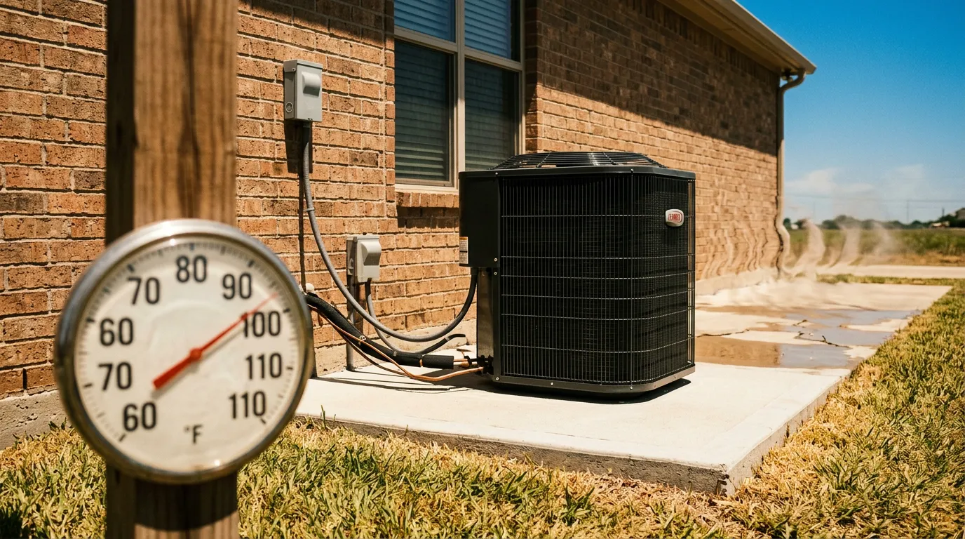 Outdoor AC condenser running during a hot Houston summer afternoon with a thermometer showing 100 degrees