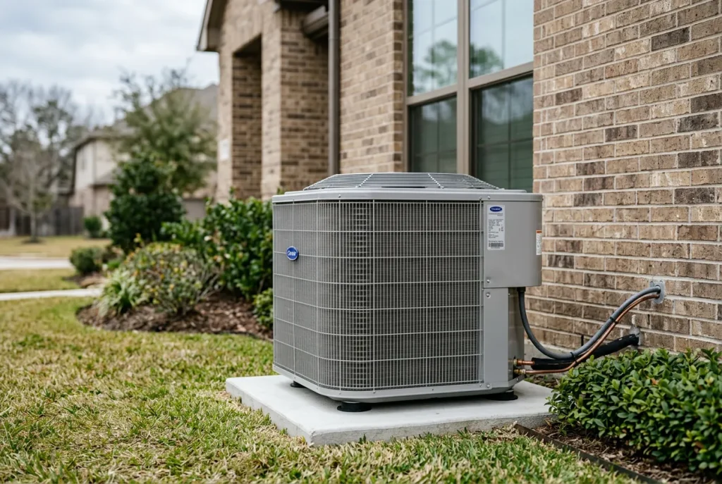 Modern residential heat pump installed at a Houston home during mild winter conditions