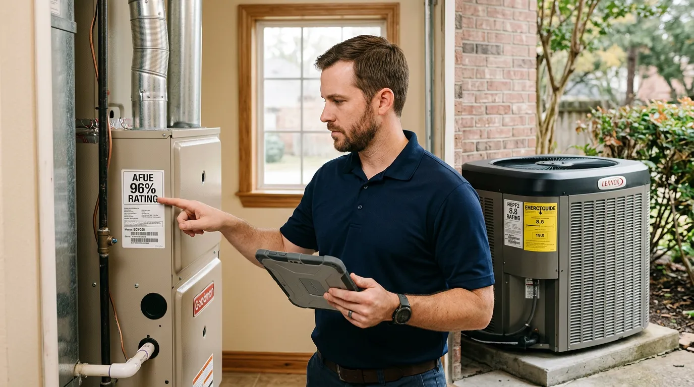 HVAC technician reviewing heating efficiency ratings on a furnace and heat pump label at a Houston home