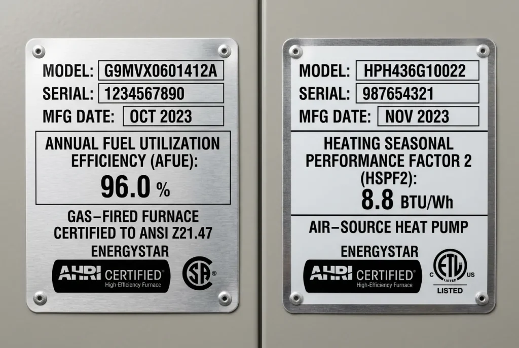 Side-by-side comparison of a gas furnace AFUE label and a heat pump HSPF2 label showing different rating scales