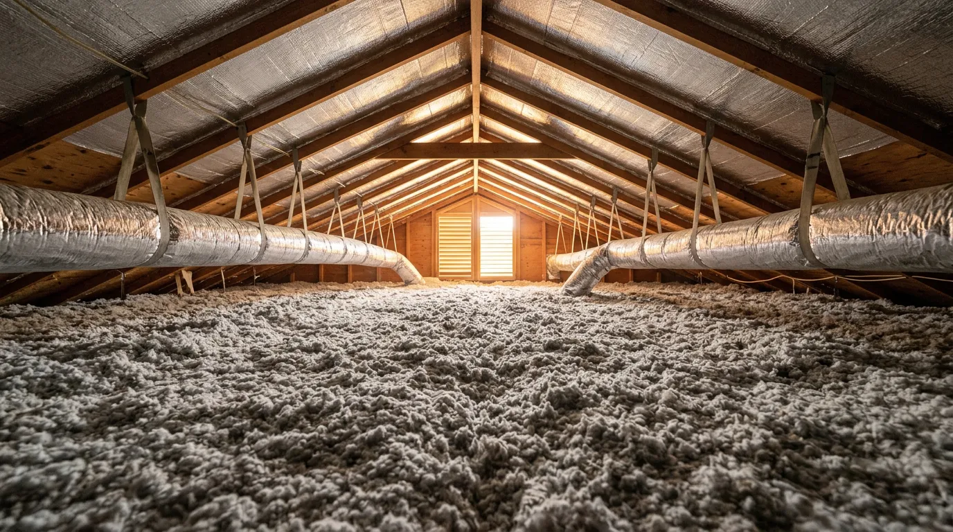 Houston attic with blown-in insulation across the floor and ductwork running through the space