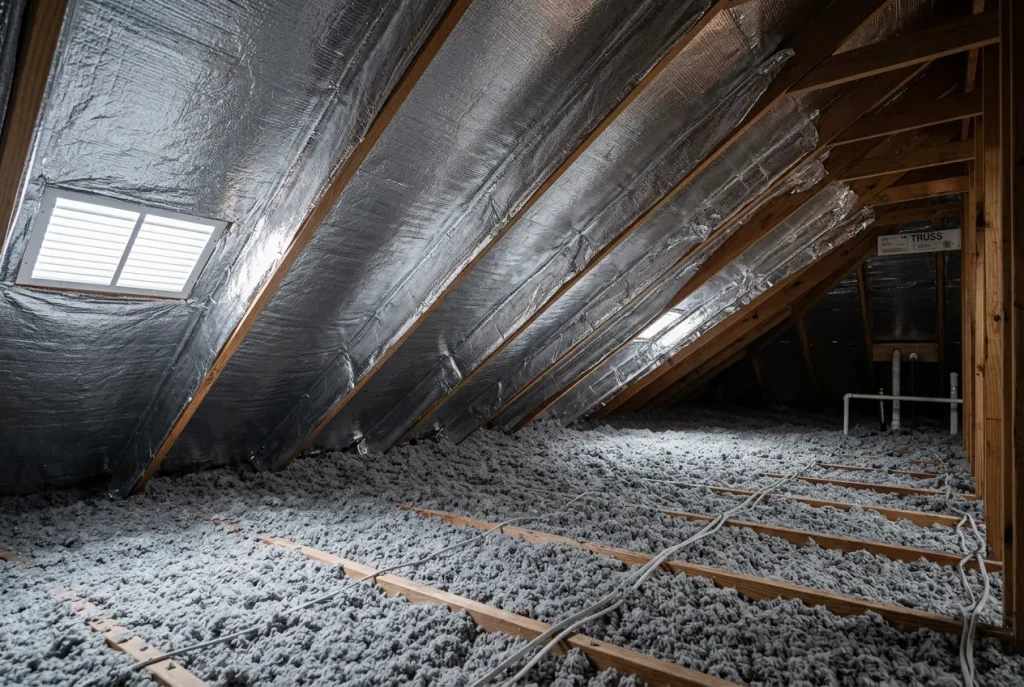 Reflective radiant barrier installed under Houston roof decking above attic insulation to reduce heat gain