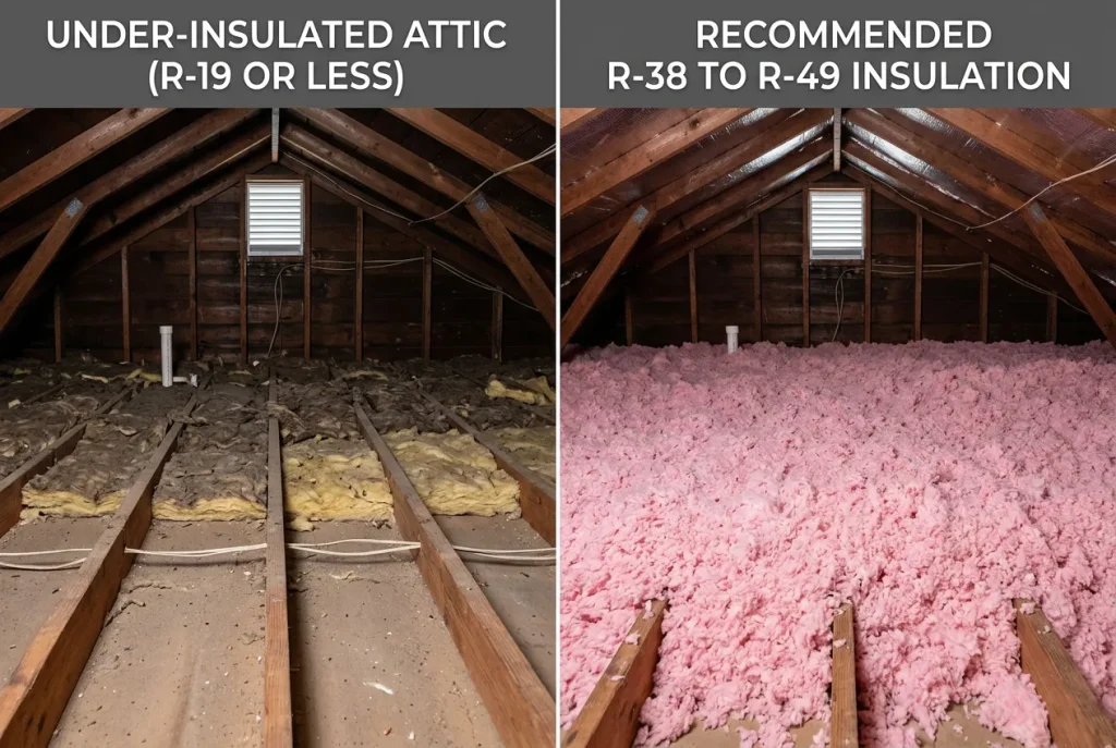Cross-section comparison of thin settled attic insulation versus a deep blanket meeting Houston R-value recommendations