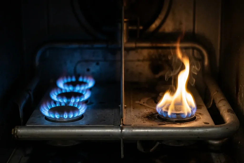 Comparison of a healthy blue gas furnace flame versus a yellow flickering flame indicating incomplete combustion