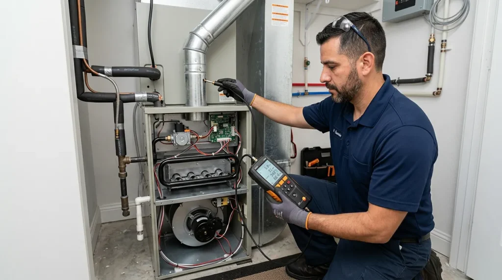 HVAC professional performing a combustion and flue inspection on a gas furnace in a Houston home